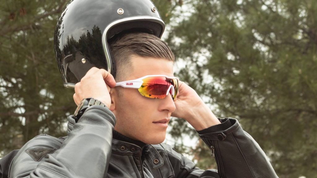 A rider wearing protective eyewear to shield the eyes from wind and debris.